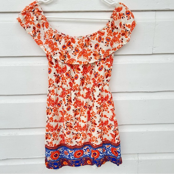 Orange & Blue Floral Off The Shoulder Dress - Picture 2 of 3